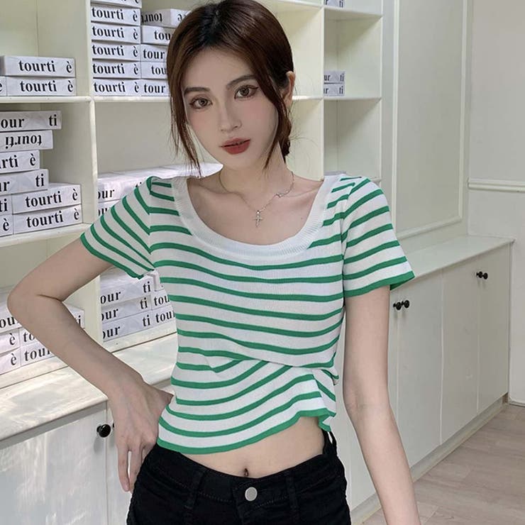 スクエアカラーボーダーサマーニットトップス【韓国ファッション】 | Doula Doula | 詳細画像16 