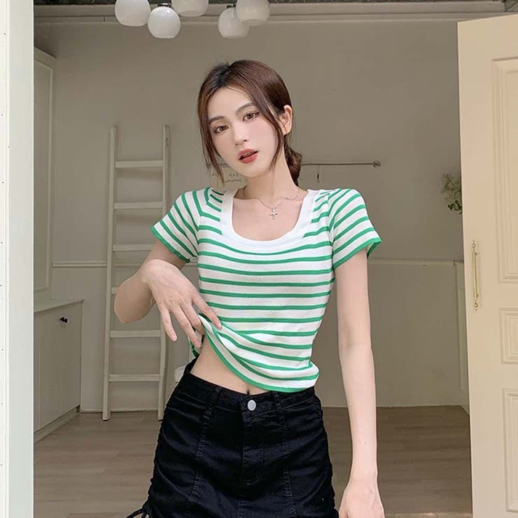 スクエアカラーボーダーサマーニットトップス【韓国ファッション】 | Doula Doula | 詳細画像17 