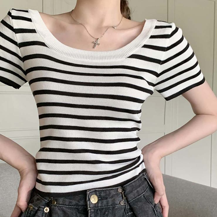 スクエアカラーボーダーサマーニットトップス【韓国ファッション】 | Doula Doula | 詳細画像19 