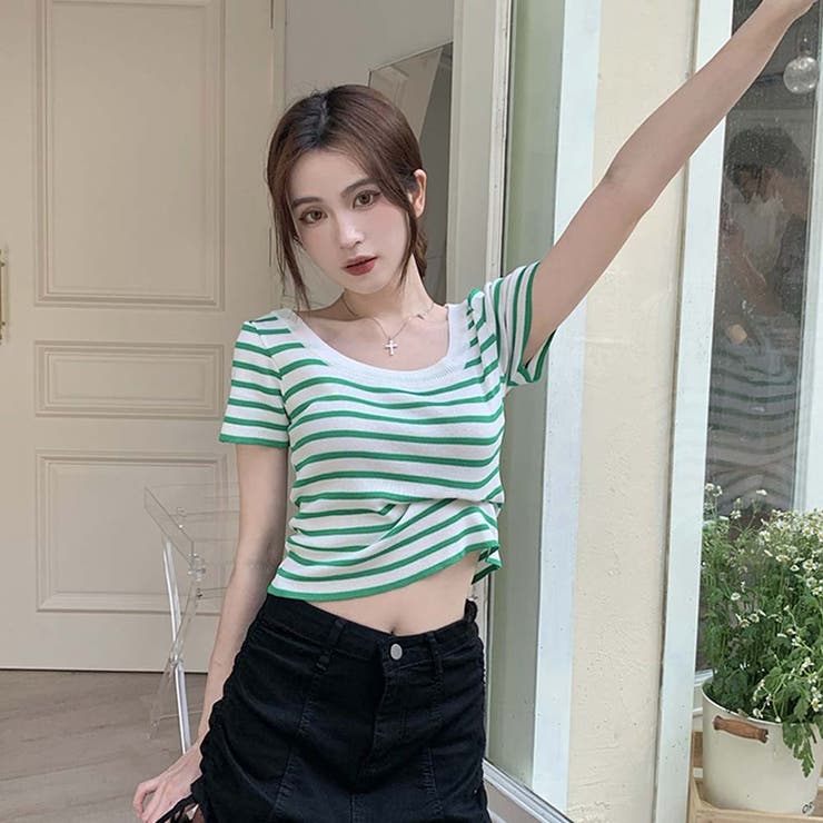 スクエアカラーボーダーサマーニットトップス【韓国ファッション】 | Doula Doula | 詳細画像21 