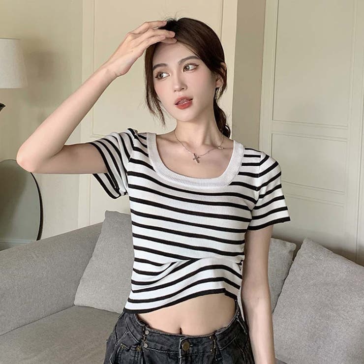 スクエアカラーボーダーサマーニットトップス【韓国ファッション】 | Doula Doula | 詳細画像22 