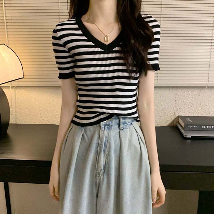 Vネックボーダーリブニットトップス【韓国ファッション】 | Doula Doula | 詳細画像24 
