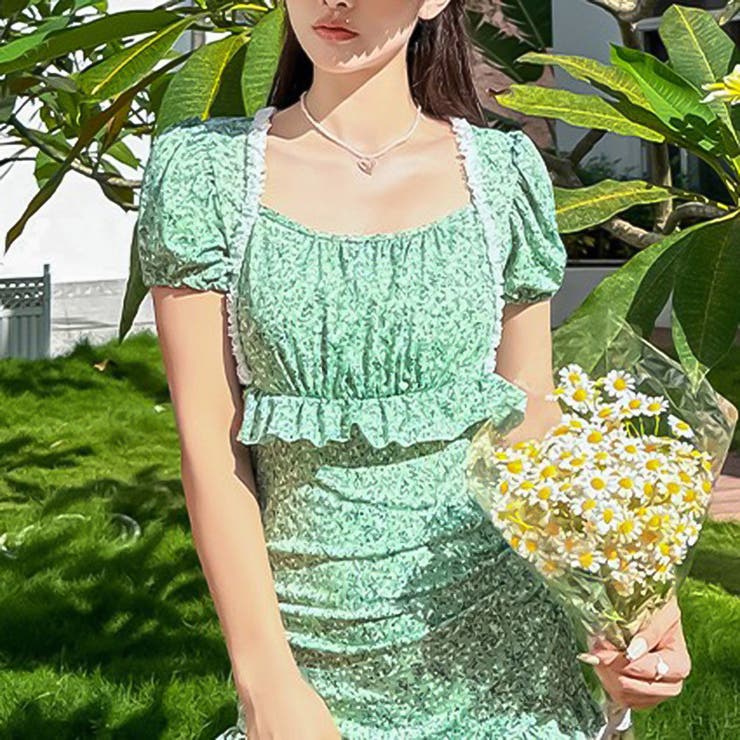 ワンピース水着 パフスリーブ ２colorsスカート 体型カバー 韓国 ガーリードール Girly Doll パフスリーブリボンスカート水着