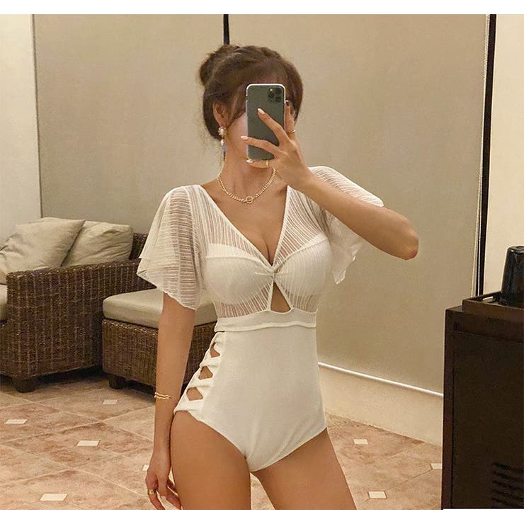 ワンピース 水着 ビキニセット バックレース アップフリル 韓国 バックレースアップフリル ビキニ風ワンピース水着[品番