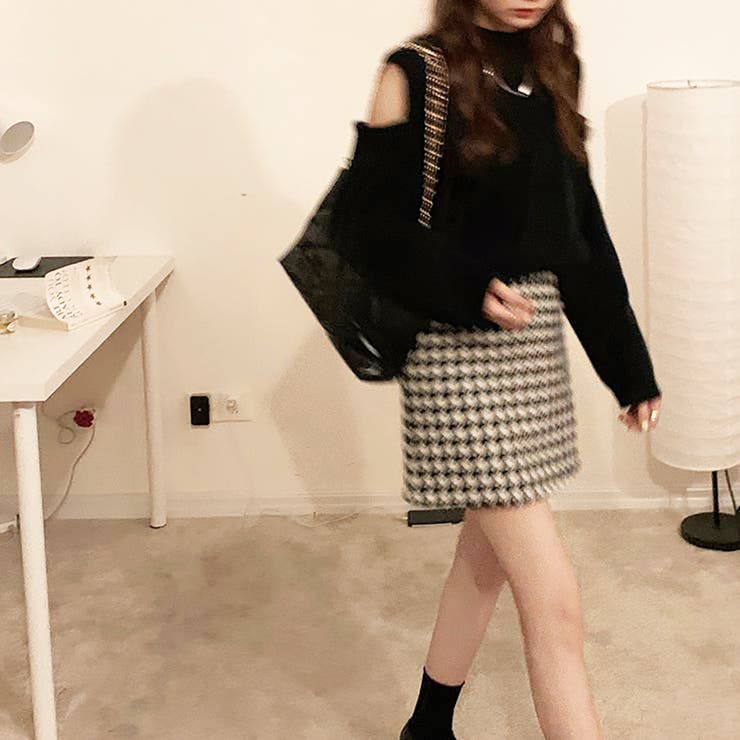 【関税込み】ダブル千鳥格子 ウール ミニスカート 千鳥格子ウールミニスカート【韓国ファッション】[品番