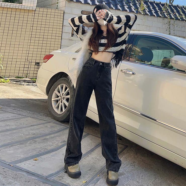ハイウエストワイドレッグデニムパンツ【韓国ファッション】[品番