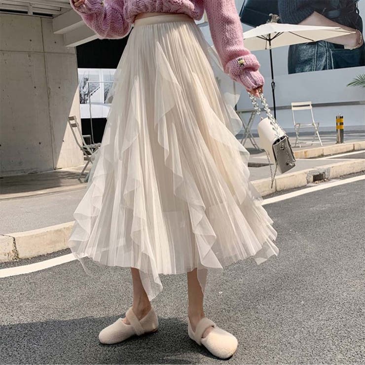 イレギュラーヘムチュールプリーツスカート【韓国ファッション】[品番  