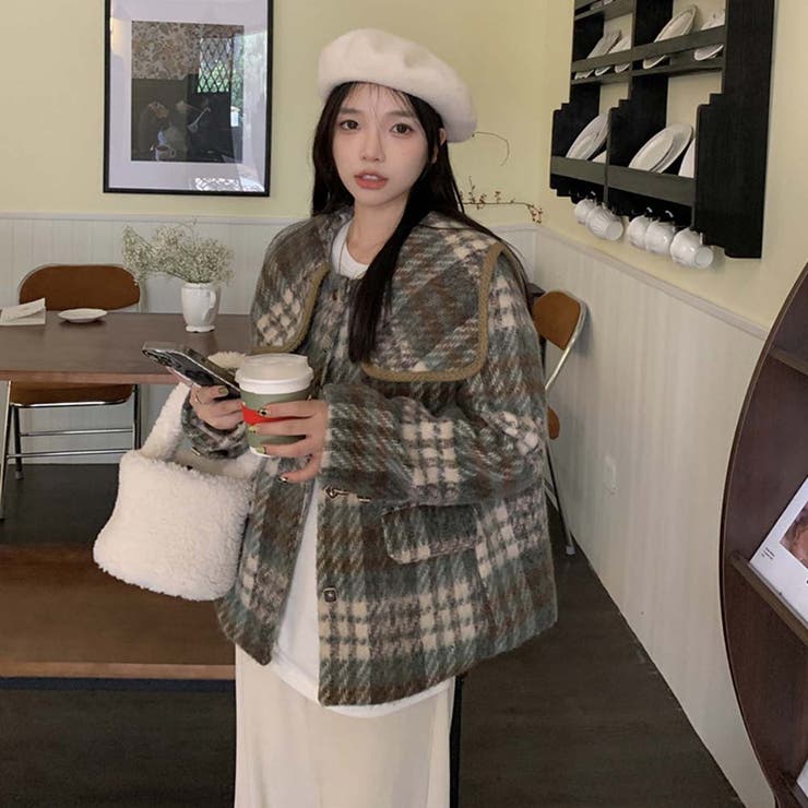 ビッグカラーチェック柄コート【韓国ファッション】[品番 ビッグカラーチェック柄コート【韓国ファッション】[品番