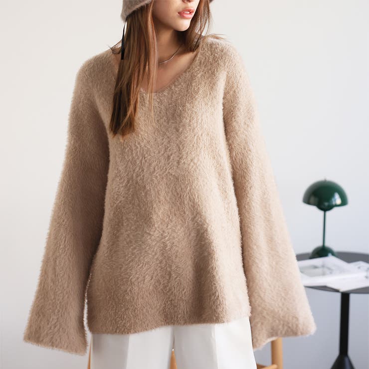 ブラウン | Vネックシャギーニット【韓国ファッション】 | Girly Doll