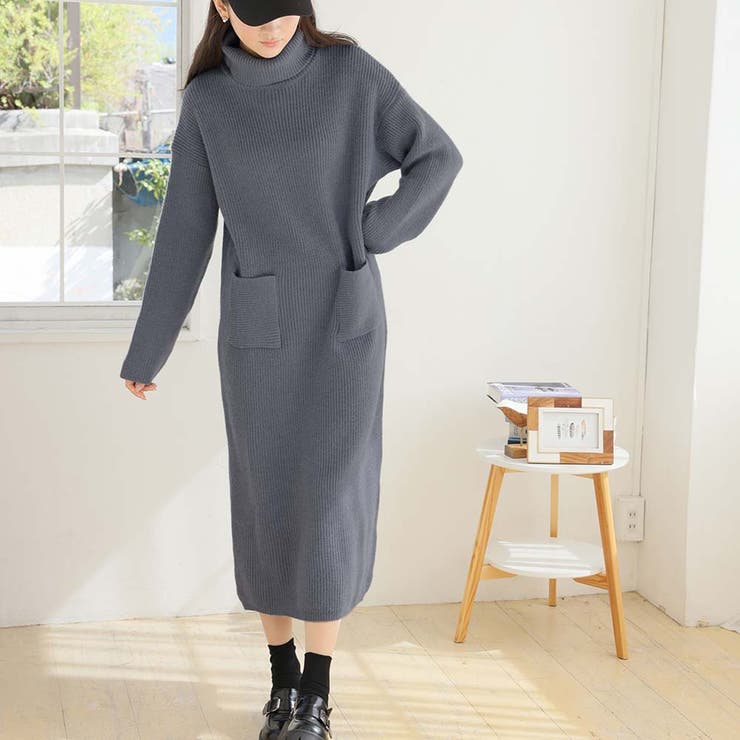 ダークグレー | タートルネックロングニットワンピース【韓国ファッション】 | Girly Doll