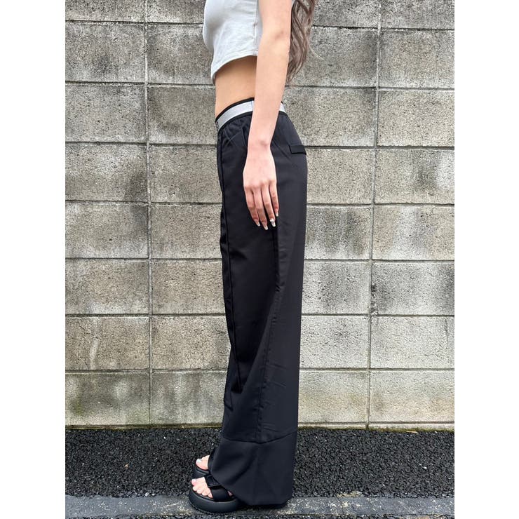 黒パンツ ウエストゴム ロゴプリント 美シルエットと至福の履き心地。ウエストゴムポンチカーブパンツ