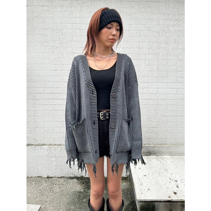 NOZOMI ISHIGURO ダメージニット カーディガン グレー ロゴ刺繍ダメージニットカーディガン[品番：EO000006302]｜EGOIST