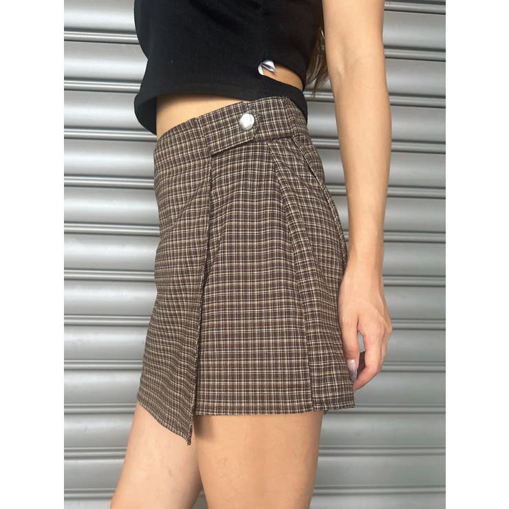 ラップデザインチェックタイトミニスカート[品番：EO000006426