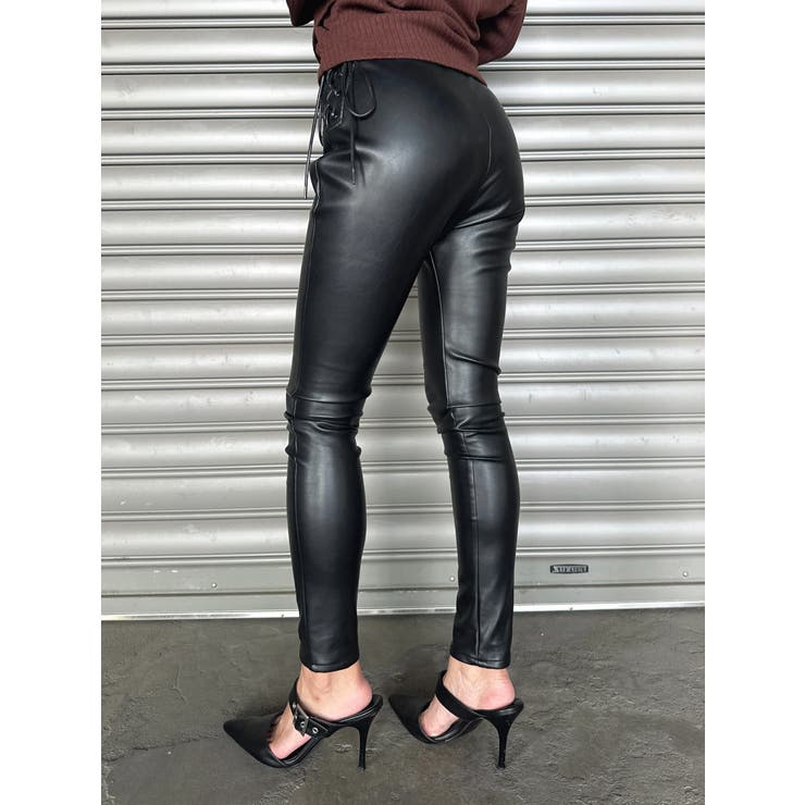 サイドデザイン フェイクレザースキニーパンツ[品番：EO000006419