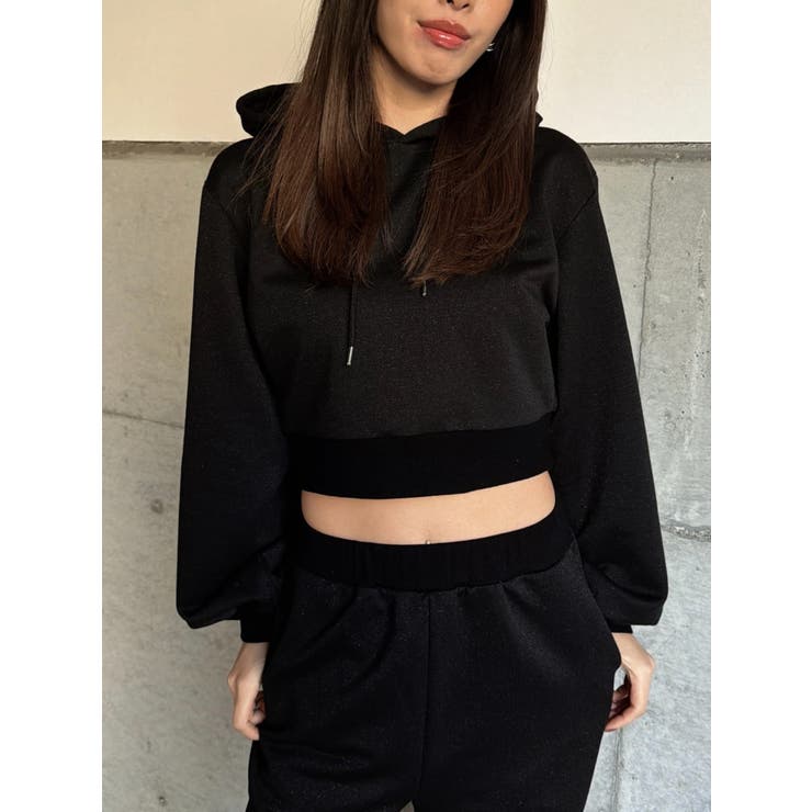 BLACK | フードロゴラメ裏毛トップス | EGOIST