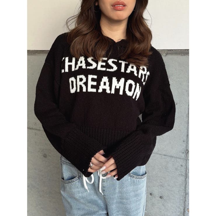 BLACK | ロゴフード短丈ニットトップス | EGOIST