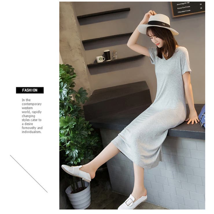 ロング丈 シンプルワンピース レディース 無地ロングTシャツ 半袖 ゆったり | elamour | 詳細画像5 