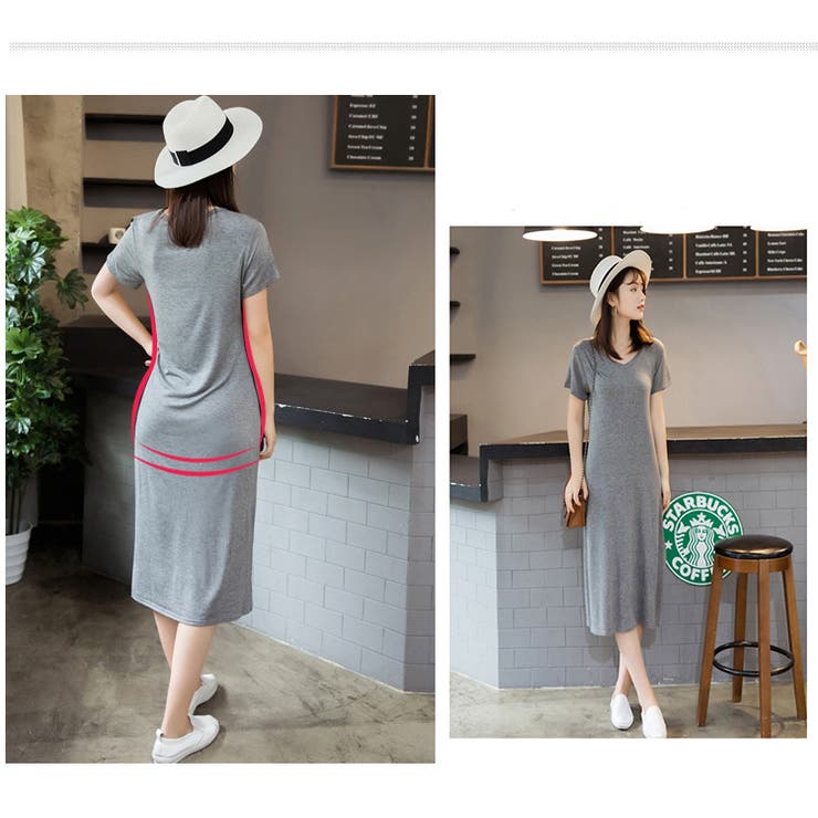 ロング丈 シンプルワンピース レディース 無地ロングTシャツ 半袖 ゆったり | elamour | 詳細画像6 