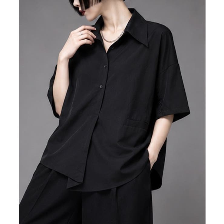 ブラック | アシンメトリー半袖クラシックシャツ | ENAF