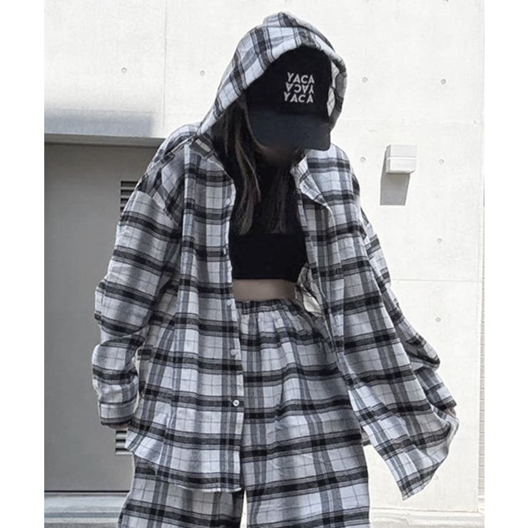 ホワイト | Loose Check Hoodie Shirt | ENAF