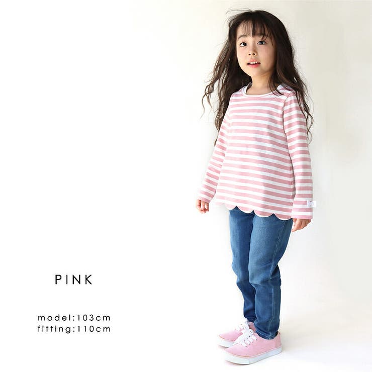 tシャツ長袖キッズベビー女の子綿100%コットンスカラップボーダーピンク黒グレー80cm90cm100cm110cm120cm130cm子供服かわいいおしゃれカジュアル