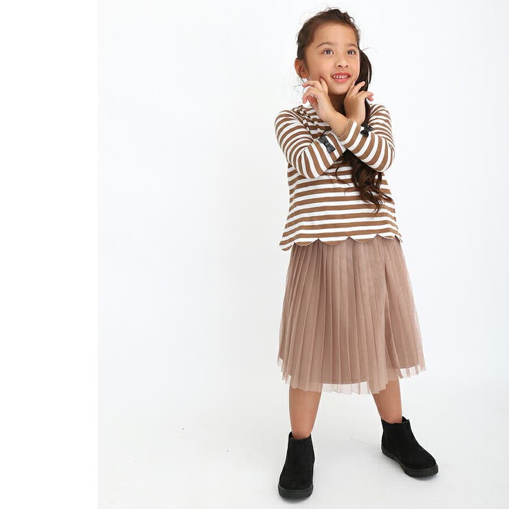 tシャツ長袖キッズベビー女の子綿100%コットンスカラップボーダーピンク黒グレー80cm90cm100cm110cm120cm130cm子供服かわいいおしゃれカジュアル