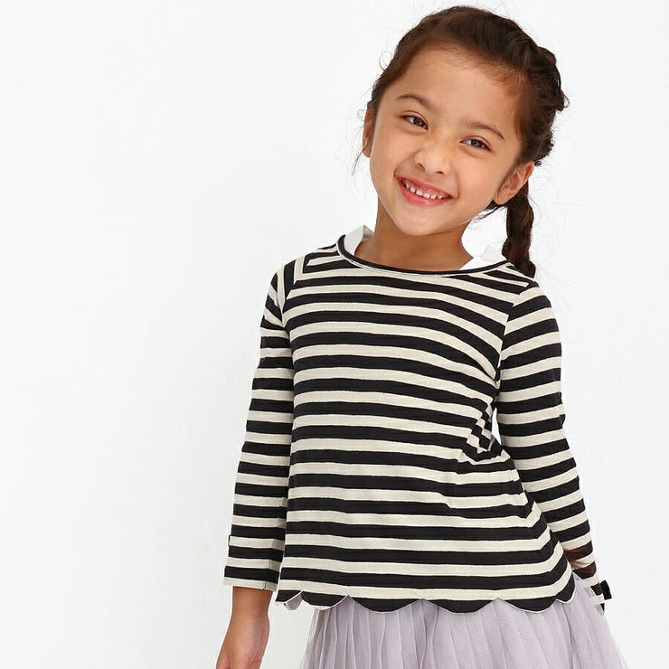 【送料無料】裾スカラップ長袖Tシャツキッズベビー女の子80cm90cm100cm110cm120cm130cmコットン100％