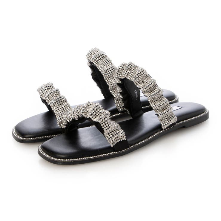 BL(ブラック) | 【軽量・クッション入り】シャーリングスクエアフラットサンダル | EVOL