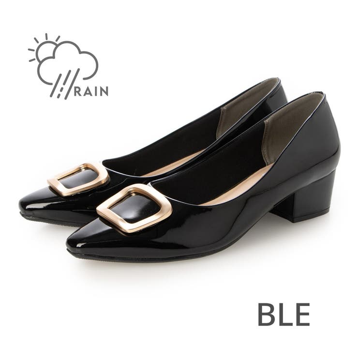 BLE(ブラックエナメル) | 【晴雨兼用・クッション入り】ゴールドバックル4.5cmパンプス | EVOL