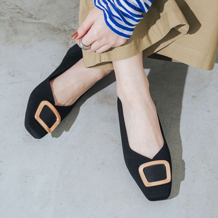 【洗える・超軽量片足137g】ゴールドバックルニットフラットパンプス | EVOL | 詳細画像13 