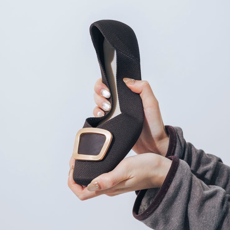 【洗える・超軽量片足137g】ゴールドバックルニットフラットパンプス | EVOL | 詳細画像1 