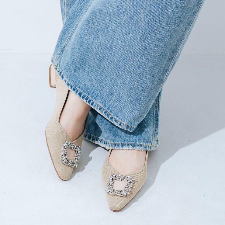 【柔らかい・クッション入り】ビジューバックルソフトニットVカットパンプス | EVOL | 詳細画像5 