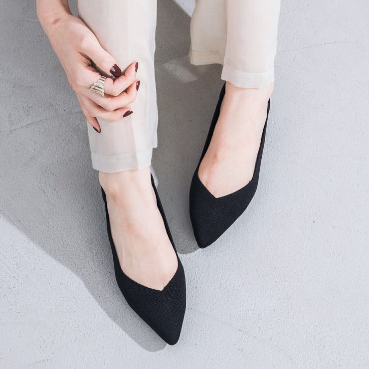 Vカットニットローヒールポインテッドパンプス | EVOL | 詳細画像1 