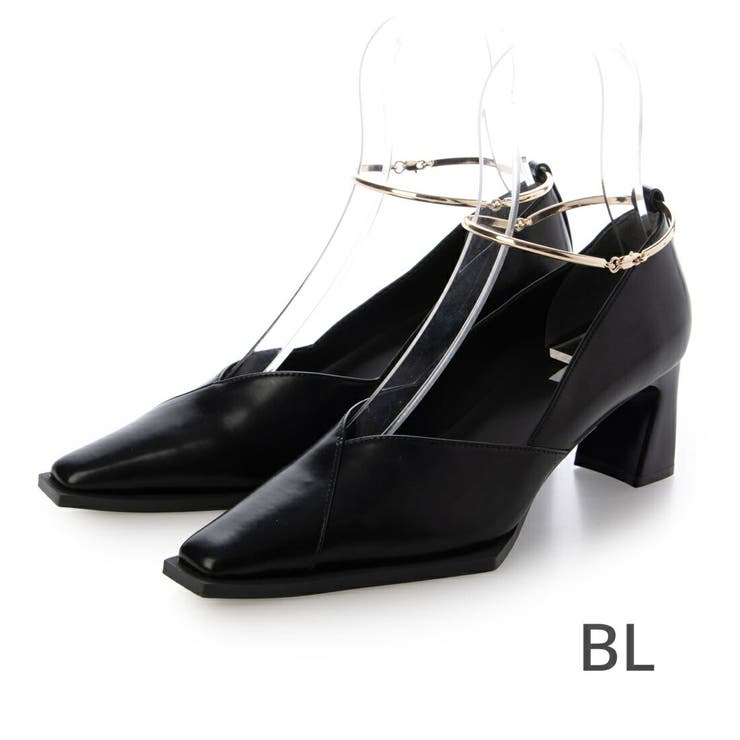 BL(ブラック) | 【美脚効果・クッション入り】Vカットスクエア6cmアンクレットパンプス | EVOL