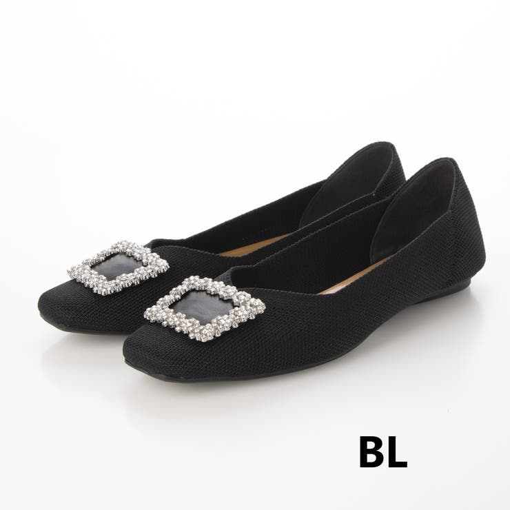 BL(ブラック) | スクエアニットビジューバックルフラットパンプス | EVOL