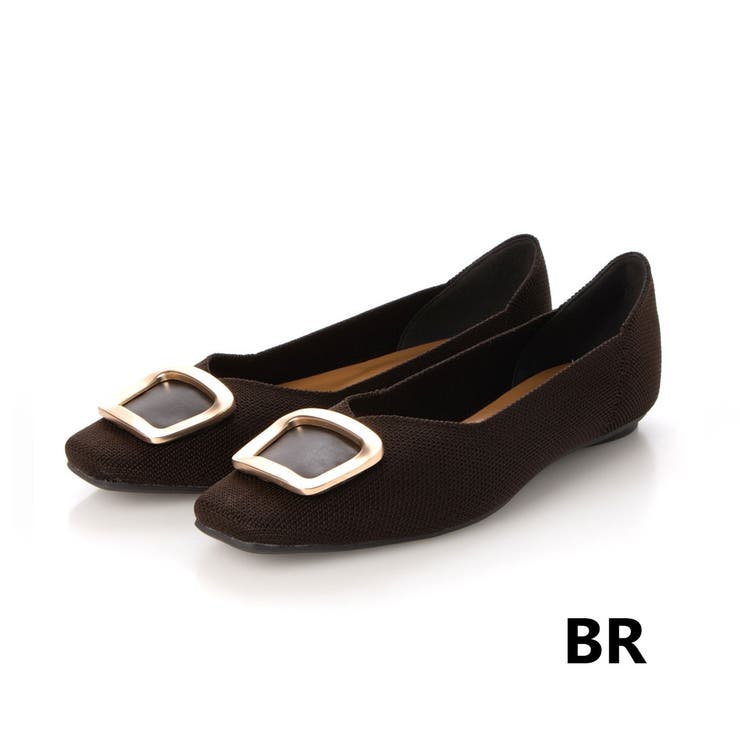 DBR(ダークブラウン) | バックルニットスクエアフラットパンプス | EVOL