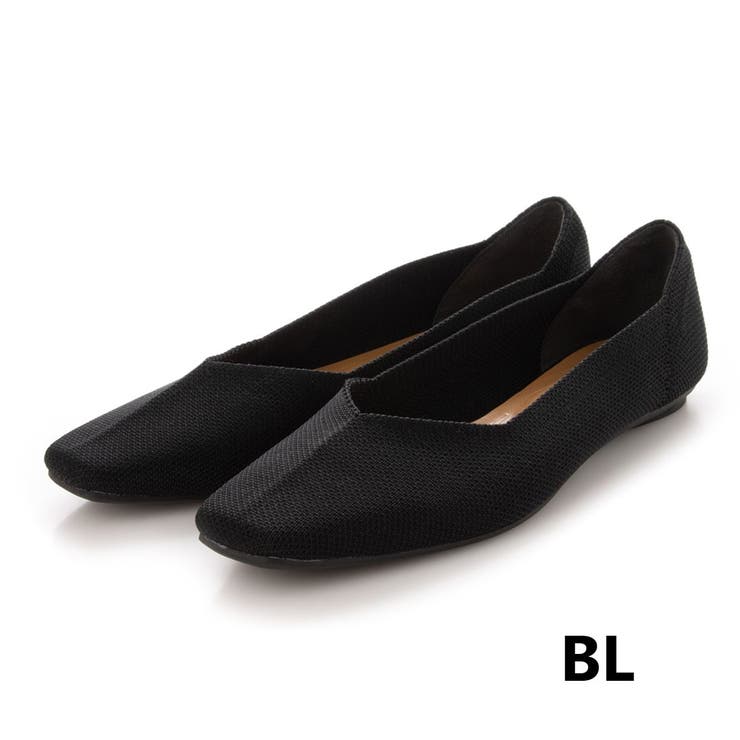 BL(ブラック) | Vカットニットスクエアフラットパンプス | EVOL