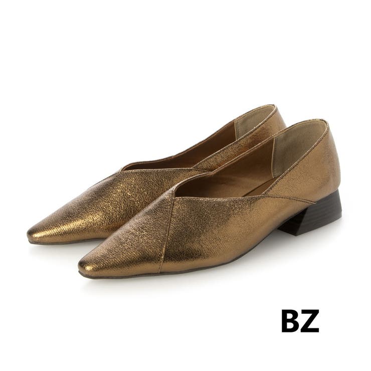 Vカットポインテッドスタックヒールパンプス[品番：EVOW0000728