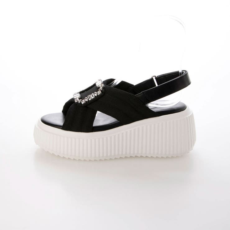 【クッション入り・柔らかい】8cm厚底ビジューバックルクロスサンダル | EVOL | 詳細画像1 