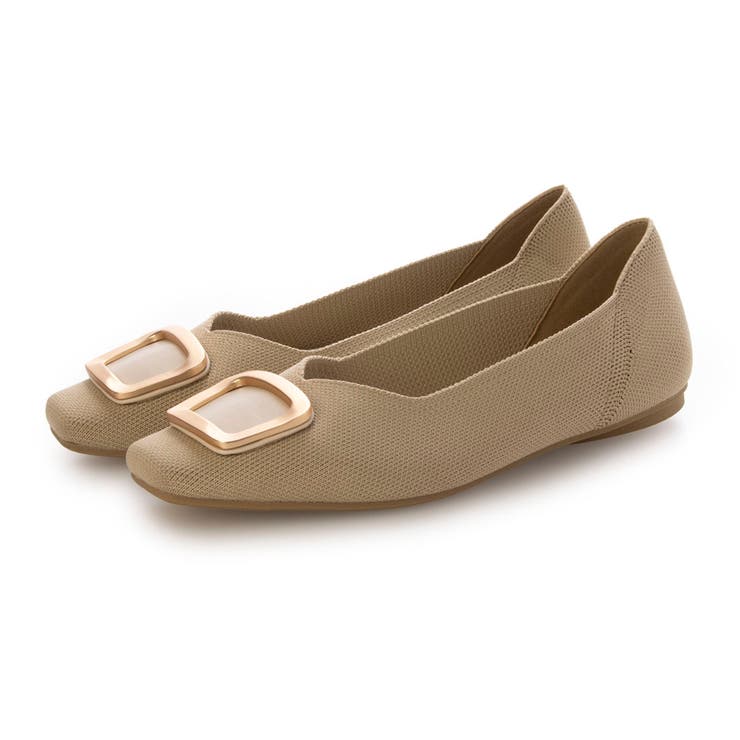 BG(ベージュ) | 【洗える・超軽量片足137g】ゴールドバックルニットフラットパンプス | EVOL