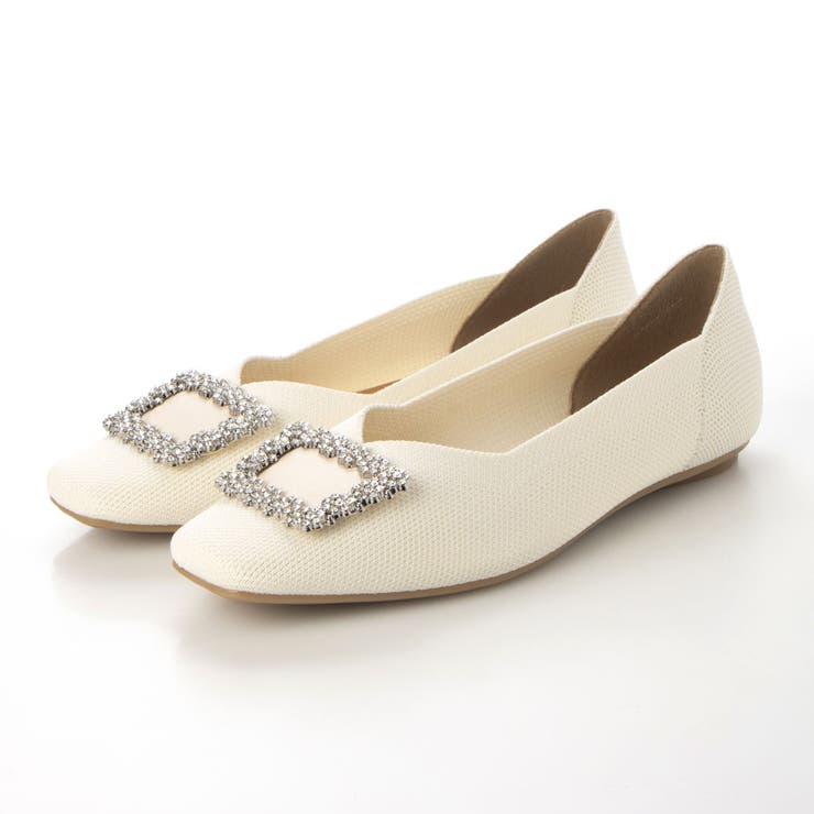 IV(アイボリー) | スクエアニットビジューバックルフラットパンプス | EVOL