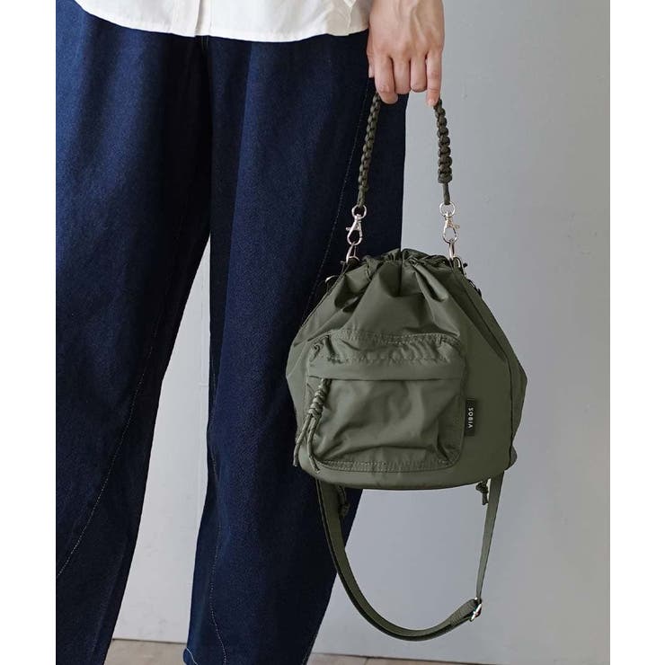 カーキ | コードストラップ ドローストリング 巾着ショルダーバッグ | e-zakkamania stores