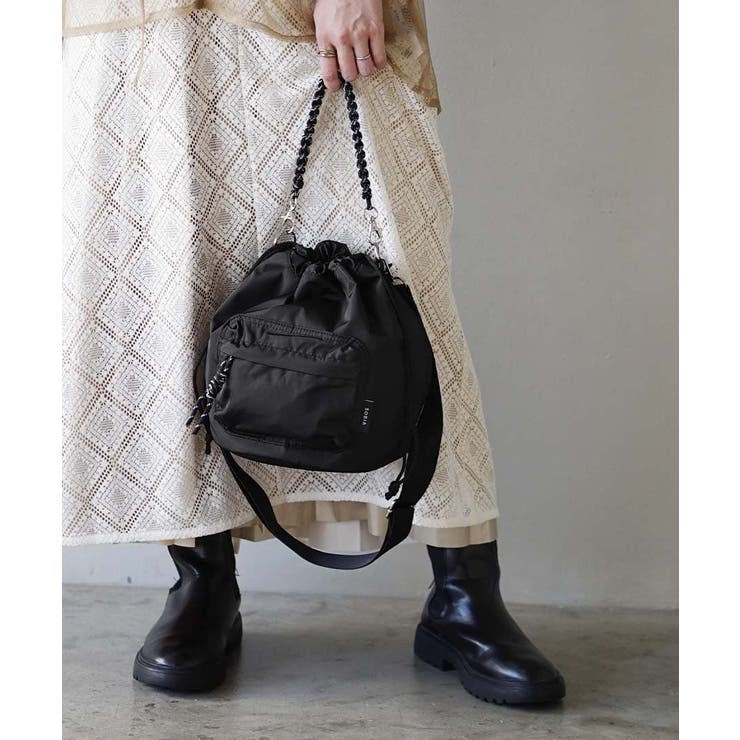ブラック | コードストラップ ドローストリング 巾着ショルダーバッグ | e-zakkamania stores