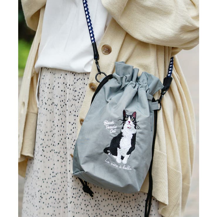 グレー［ハチワレ］ | アニマル刺繍コード ショルダーバッグ | e-zakkamania stores