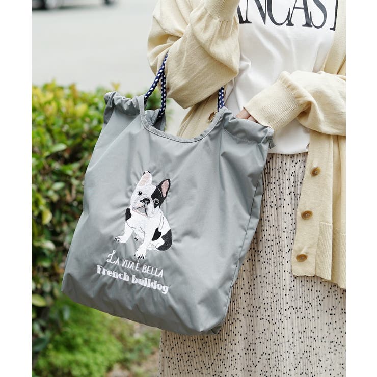 グレー［フレンチブルドッグ］ | アニマル刺繍 コードトートバッグ | e-zakkamania stores