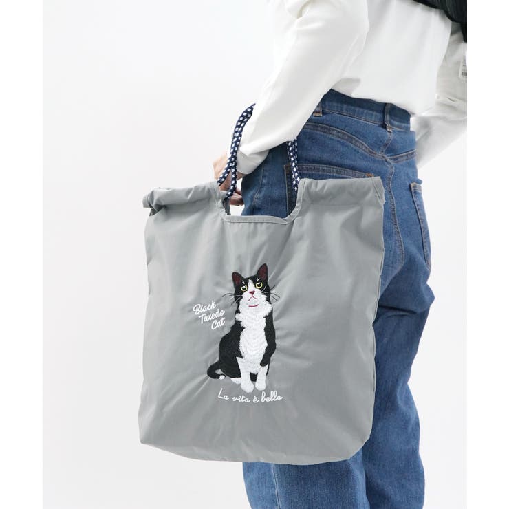 グレー［ハチワレ］ | アニマル刺繍 コードトートバッグ | e-zakkamania stores