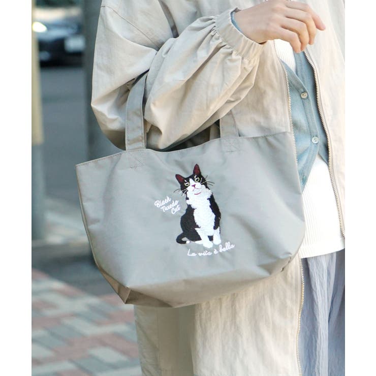 グレー［ハチワレ］ | アニマル刺繍プチトートバッグ | e-zakkamania stores