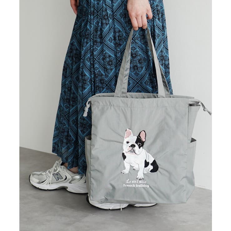 グレー［フレンチブルドッグ］ | アニマル刺繍巾着トートバッグ | e-zakkamania stores