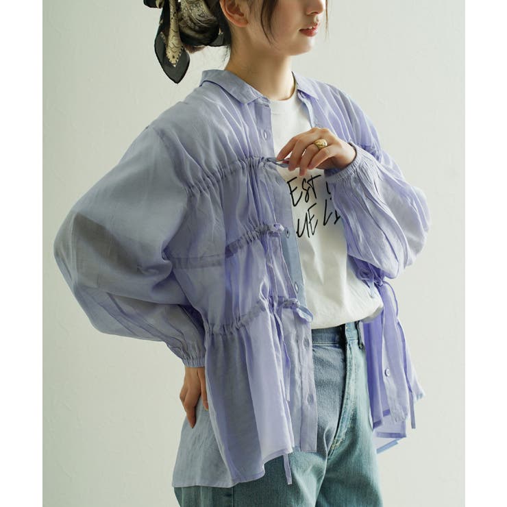 アイスブルー | ドロストリボン シアーブラウス | e-zakkamania stores