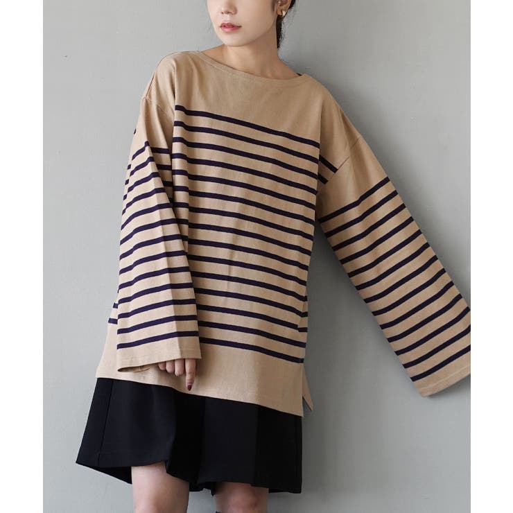ベージュ×ネイビー | zootie（ズーティー）：シミヘン加工 フレンチバスク オーバーサイズカットソ… | e-zakkamania stores